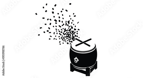 Black and white illustration of a traditional japanese taiko drum with scattered confetti