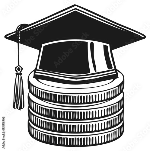 Graduation cap on a stack of coins representing education costs and academic investment