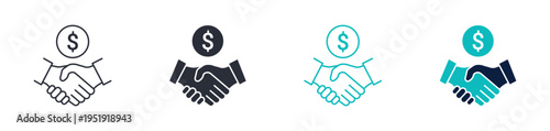 Business deal icons, handshake with dollar symbol, partnership agreement and finance icon in line and silhouette style, vector illustration