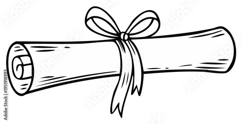 Line Art Rolled Scroll or Document Tied with a Ribbon - Simple Drawing