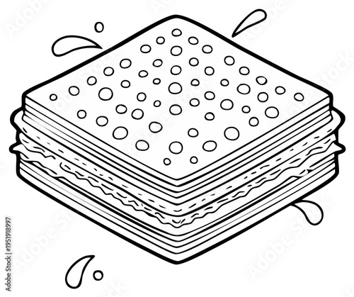 Isometric sandwich illustration with geometric design and water droplets for coloring book pages or menu decoration.