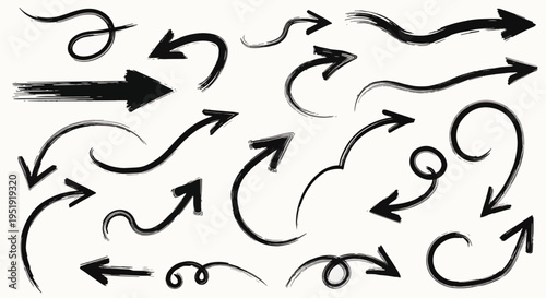 Hand Drawn Directional Arrows Collection Artistic Arrows Showing Paths and Flow Drawing Arrow Designs Pointing Left and Right Graphic Shapes Representing Forward Movement and Guidance Concepts