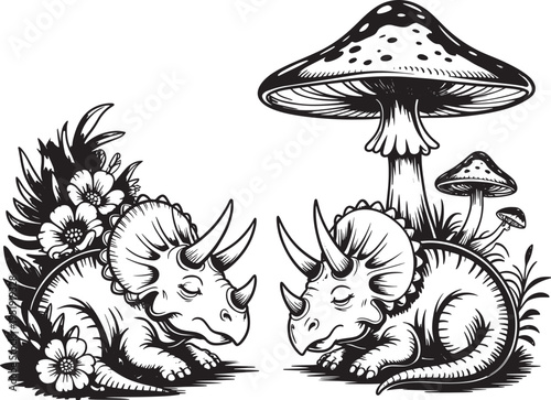 Two cute baby triceratops dinosaurs sleeping among flowers and mushrooms, whimsical illustration, baby animals, line art