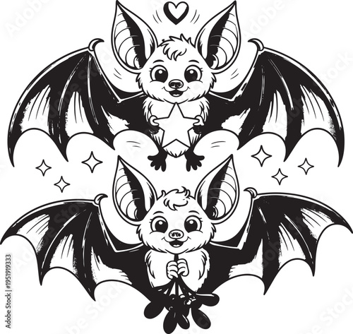 Two adorable baby bats with wings spread holding stars and twigs, cute vector illustration, baby animals