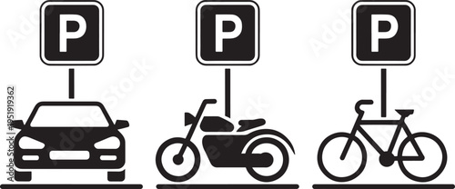 Vector illustration of parking signs for car, motorcycle, and bicycle, indicating designated areas for different vehicles