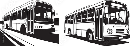 Vector illustration of two articulated buses, one on a road with lines and another in profile view