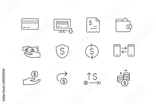 Illustrations depicting various financial and digital transaction concepts