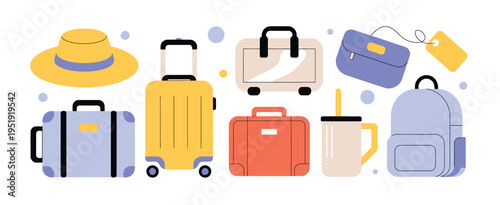 Travel Bag Stickers Summer Baggage Icons Suitcase Backpack Briefcase Luggage Airport Cartoon Collection Vacation Journey Tourism Vector Illustration