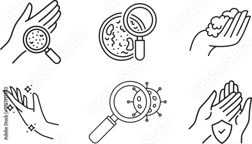 Hand Hygiene Icons: A series of clean line illustrations that visually communicates the importance of hand hygiene practices, featuring magnifying glasses to display germs, bubbly soap.