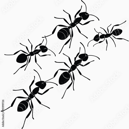 Black silhouette of a group of ants walking in a line