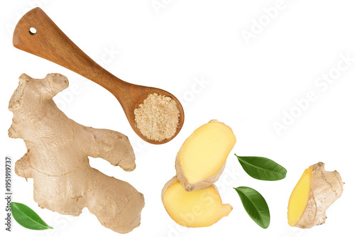 fresh ginger and ground ginger spice in wooden spoon isolated on white background. Top view with copy space for your text