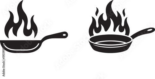 Vector illustration of two frying pans on fire, symbolizing cooking or intense heat, isolated on white background, frying pan