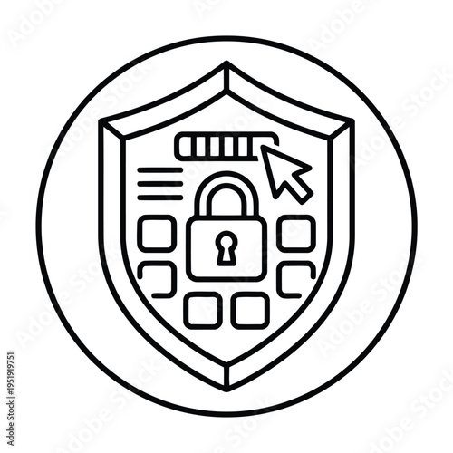 Cyber Security Shield with Lock Icon – Data Protection and Online Security Line Vector Illustration