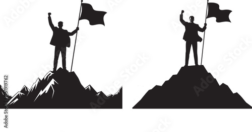 Vector illustration depicting a triumphant person planting a flag on a mountain summit, symbolizing achievement and success