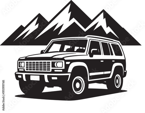 Vector illustration of a classic suv parked in front of stylized mountain peaks, representing adventure and travel, off road