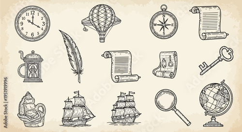 Vintage nautical and exploratory objects on retro background