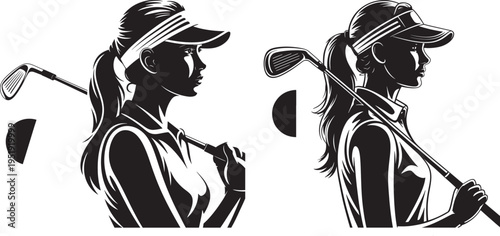 Vector illustration of female golfers in profile with clubs, conveying sport and athleticism, golf club, black and white