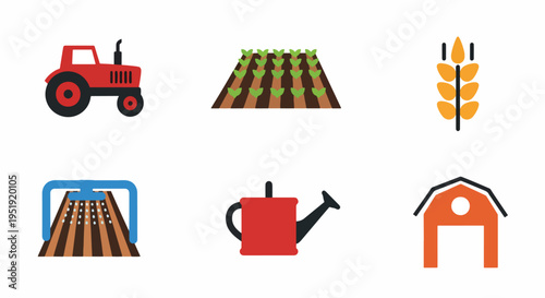 Collection of Agriculture Themed Symbols Displaying Farming Practices and Equipment Presenting Images of Cultivation Irrigation Harvesting and Storage Depicted in a Group of Icon Representations