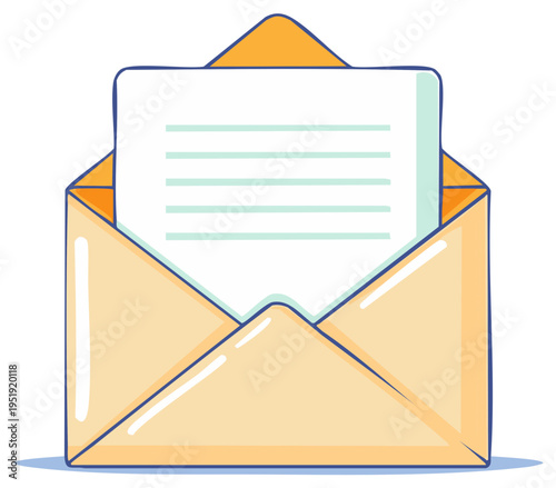 Open Cartoon Envelope with Letter Showing Correspondence and Communication Concepts