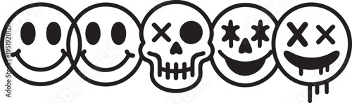 Vector illustration icons of smiley faces, skull, and grimacing characters, expressing emotions and moods, face icon, black and white