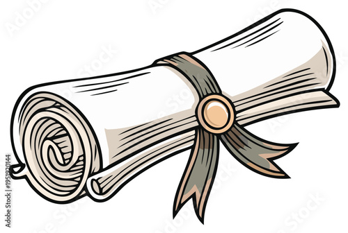Rolled diploma or certificate scroll tied with an elegant ribbon and sealed with a round medallion illustration