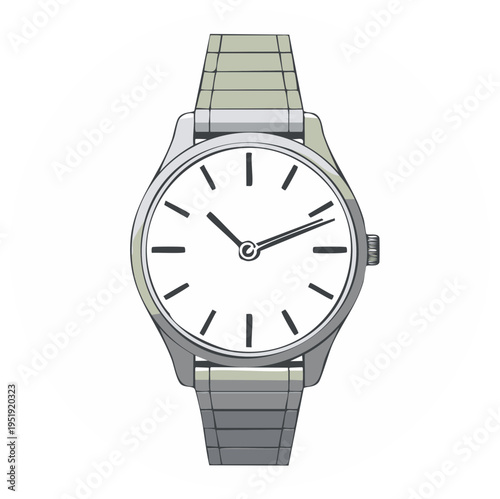 Analog wrist watch illustration with silver metal band and minimalist white dial on white. Watch art.