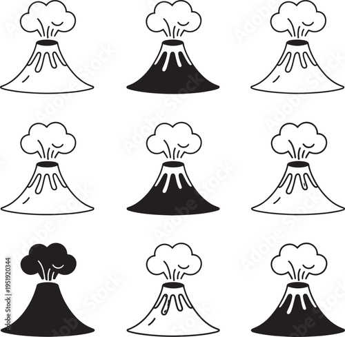 Volcano eruption icons: stylized, abstract, and detailed representations of volcanoes, natural phenomenon