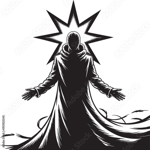 Mysterious figure with radiant aura: silhouette, enigmatic being, divine presence illustration