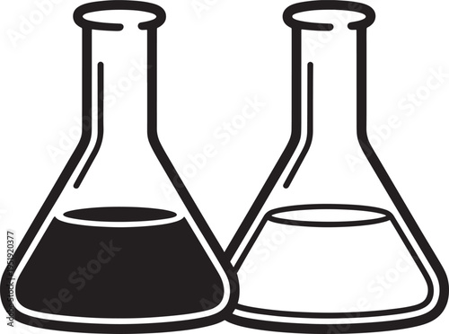 Laboratory flasks: beakers with liquid, chemical experiment glassware icons for science, laboratory equipment, flat design