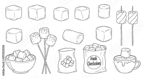 Outline Style Depiction of Marshmallows in Various Forms Including Cubes Cylinders on Skewers in a Bowl and Bags and Dipped in a Mug of Hot Chocolate for Cooking and Confectionery Themes
