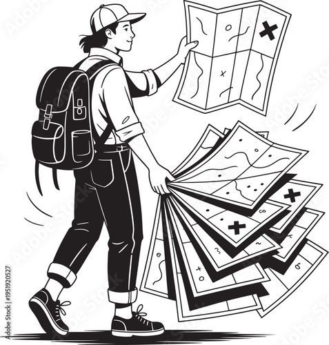 Vector illustration of a traveler with a backpack holding multiple folded maps, looking for directions on an adventure