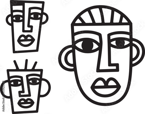 Vector illustration of abstract tribal mask faces with geometric shapes and bold lines, primitive art style