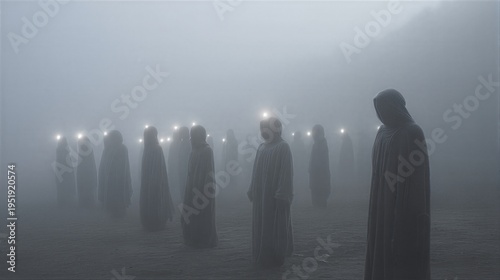 Group of people in hooded robes standing in thick fog. Figures wearing cloaks with glowing lights above their heads. Mystical gathering in dark atmosphere. Surreal cult and ritual scene.