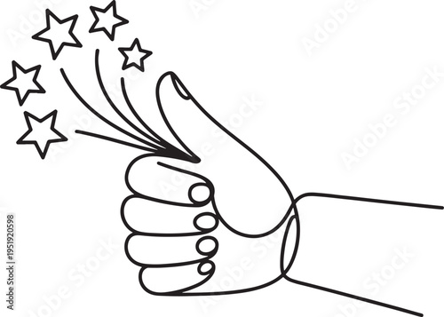 Vector illustration of a hand giving a thumbs up gesture with stars and sparkles emanating, signifying approval and excellence