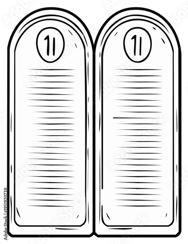 Two stone tablets with engraved lines and the number eleven inside an oval shape
