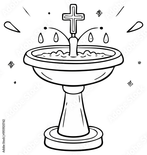 Cartoon drawing of a baptismal font with a cross and water flowing out of it.