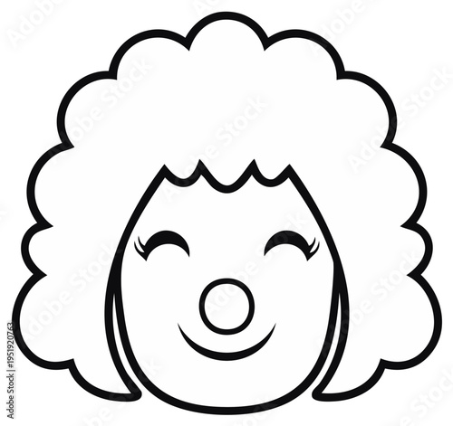 Simple Clown Face Illustration with Curly Hair, Smiling, Black Outline, Isolated