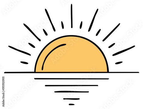 Minimalist Hand-Drawn Sunrise Over Water With Sun Rays