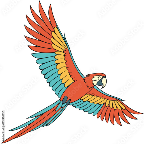 Colorful scarlet macaw parrot flying in the air, tropical bird illustration