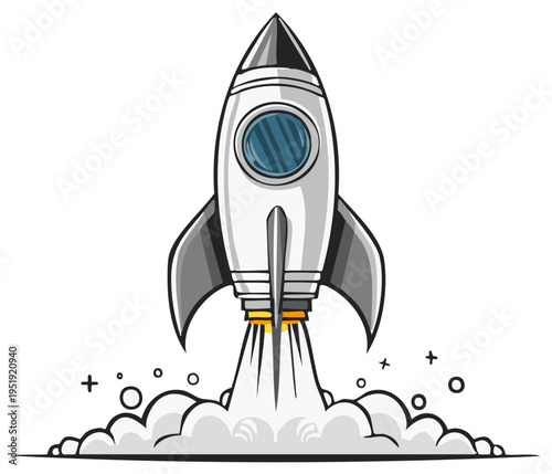 Cartoon rocket blasting off with exhaust and steam, launch illustration