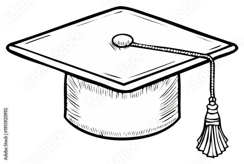 Academic graduation cap with tassel sketch, black and white drawing