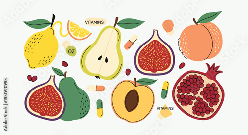 Arrangement of Fresh Fruits with Various Vitamins a Colorful Display Suggesting a Healthy Lifestyle and Dietary Choices Featuring Figs Pears Lemons and Pomegranates for Wellbeing and Vitality