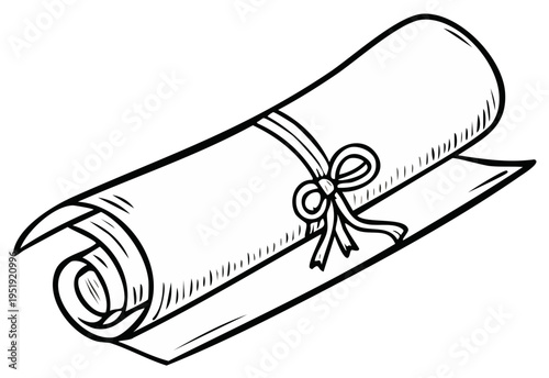 Hand drawn cartoon illustration of a rolled scroll or diploma tied with a ribbon bow
