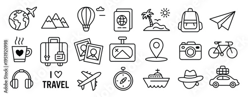 Travel Bag Stickers Summer Baggage Icons Suitcase Backpack Briefcase Luggage Airport Cartoon Collection Vacation Journey Tourism Trip Holiday Vector Illustration Set