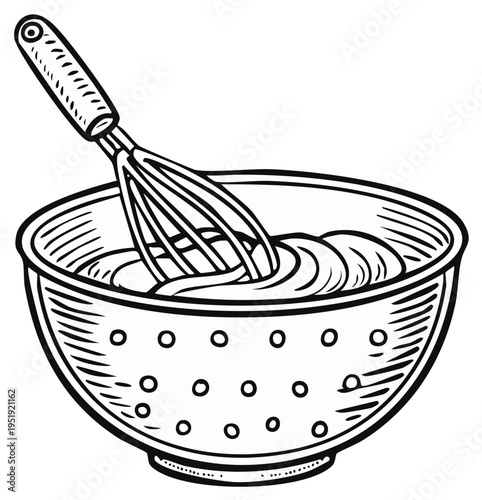 Whisk mixing creamy batter in a bowl hand drawn vector illustration for cooking and baking