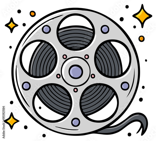 Cartoon film reel with sparkles and dots, cinema, movie concept, animation.