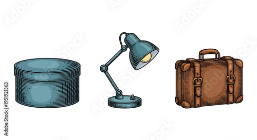 Vintage objects collection: round box desk lamp and leather luggage
