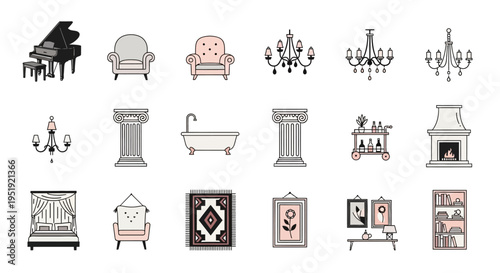 Elegant home decor icons set featuring furniture and lighting elements