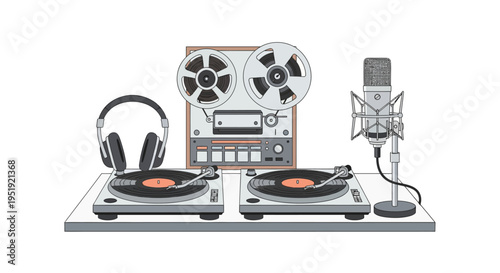 Retro audio setup with turntables and microphone in flat design