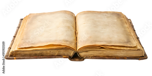 Old open book with blank yellow pages and worn leather cover isolated on a transparent background old book
